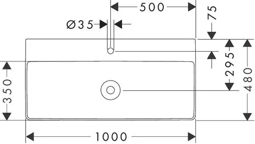 Technische Zeichnung eines rechteckigen Waschbeckens mit Abmessungen, inklusive Lochdurchmesser und Positionen für Abfluss und Montage.